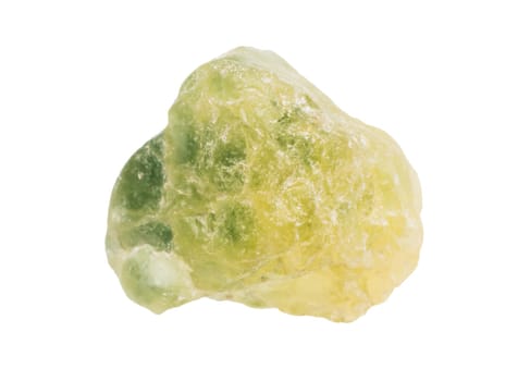 close up of sample of natural stone from geological collection - unpolished yellow green sapphire corundum mineral isolated on white background