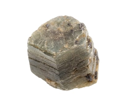 close up of sample of natural stone from geological collection - raw green sapphire corundum mineral isolated on white background