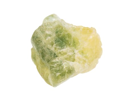 close up of sample of natural stone from geological collection - raw yellow green sapphire corundum mineral isolated on white background