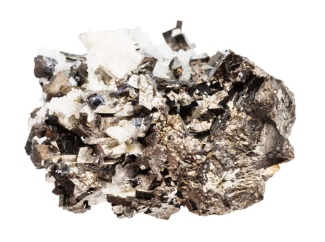 close up of sample of natural stone from geological collection - uncut arsenopyrite mineral isolated on white background