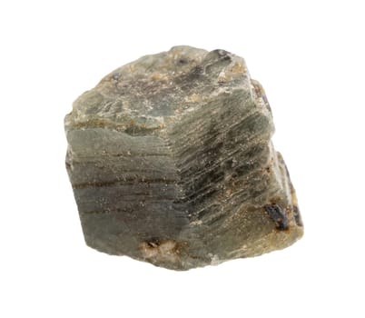 close up of sample of natural stone from geological collection - uncut green sapphire corundum mineral isolated on white background