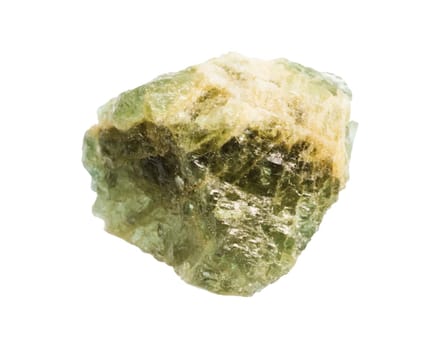 close up of sample of natural stone from geological collection - raw green beryl mineral isolated on white background