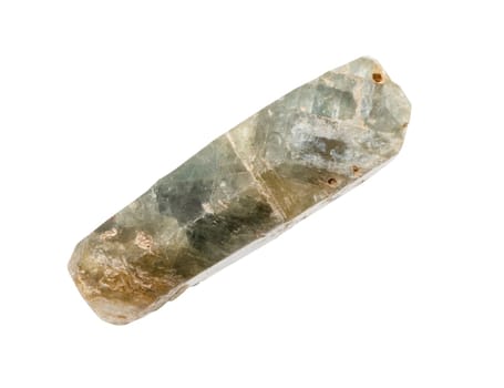 close up of sample of natural stone from geological collection - unpolished green sapphire corundum crystal mineral isolated on white background