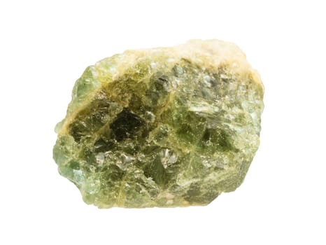close up of sample of natural stone from geological collection - unpolished green beryl mineral isolated on white background
