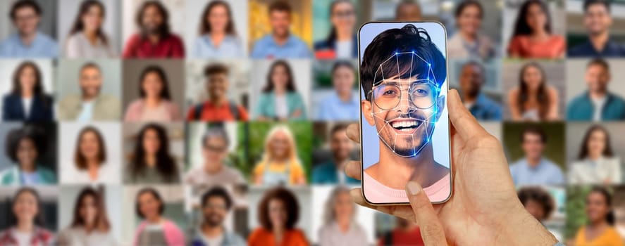 A smartphone screen shows a smiling face being scanned for identification, surrounded by a collage of diverse people in the background. This signifies advances in technology and identity recognition.