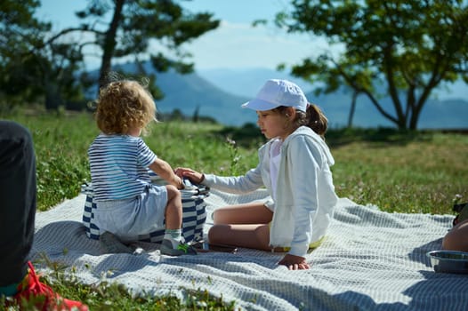 Two children enjoying a picnic on a mountain, sitting on a blanket, sharing a moment of bonding and leisure under the sun, expressing togetherness and joy.