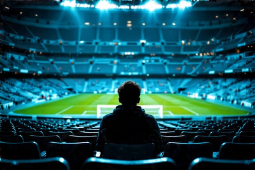 A solitary figure sits in an empty stadium at night, facing the brightly lit football field. The perspective emphasizes the scale, silence, and anticipation of the moment.