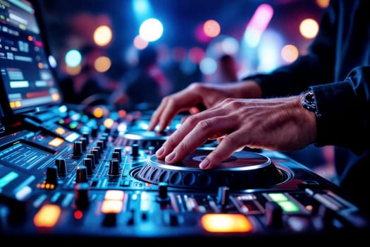 Hands of a DJ operating a digital turntable in a nightclub setting. Bright lights and vibrant colors emphasize the energy and atmosphere of the music scene.
