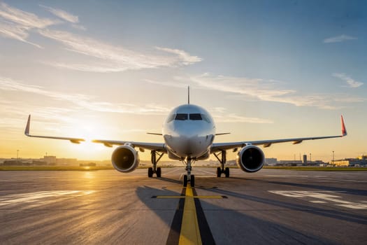 A large commercial aircraft is positioned on the runway at sunset, viewed from the front. Warm tones highlight the modern jet against a clear sky and airport landscape.