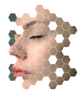 A woman's serene profile is adorned with a geometric pattern of hexagons, creating an artistic effect. The soft lighting enhances her calm expression, showcasing beauty and creativity.