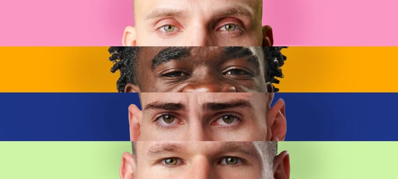 Three distinct faces blend together, emphasizing diversity and unity. The background features bold colors, underscoring the uniqueness of each individual while celebrating their shared humanity.