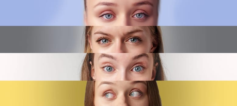 Various pairs of eyes with striking blue hues are presented in an artistic format, highlighting expressions and colors against a softly colored background. The arrangement emphasizes uniqueness.
