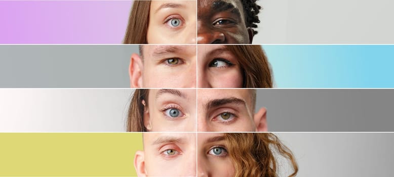 A collection of human eyes highlights diversity in color and texture against a minimalist backdrop. Each row features distinct eye shapes and expressions, celebrating individuality.