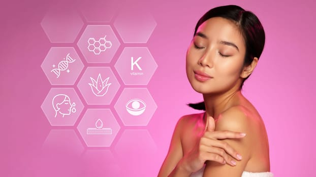 A woman enjoys a skincare routine while surrounded by symbols representing various ingredients. She embraces self-care in a bright and inviting atmosphere.