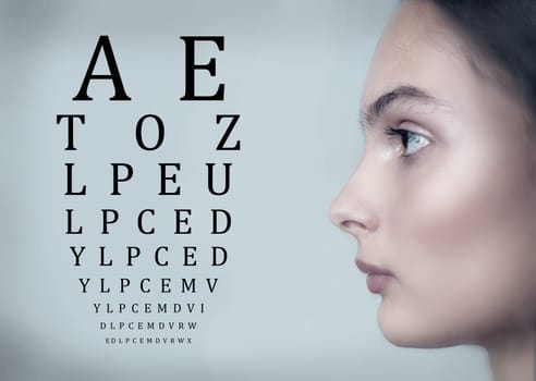 A woman is positioned to the side, focusing on an eye chart featuring letters in varying sizes. The setting is bright, suggesting a clinical eye examination atmosphere.