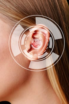 A woman's ear is prominently featured, enhanced by a digital sound wave overlay. This representation suggests advanced technology related to audio or hearing enhancement, showcasing modern aesthetics.