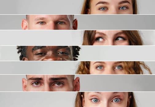 Close-up shots of a diverse group showcasing only their eyes and upper facial features arranged in horizontal stripes.