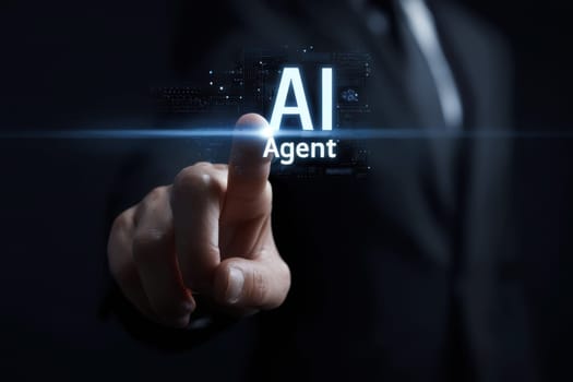 ai agent and ai brain is a artificial intelligence brain Businessman touching head tablet..