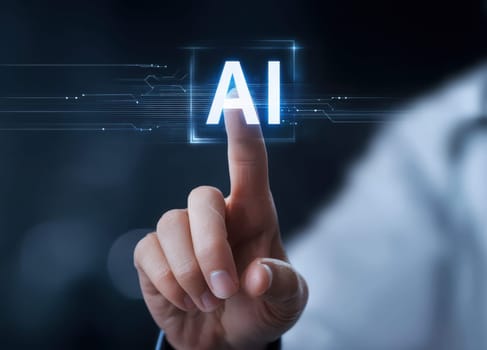 Close up of Doctor interacts with AI interface technology for healthcare innovation and medical care efficiency. High quality illustration