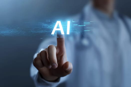 Close up of Doctor interacts with AI interface technology for healthcare innovation and medical care efficiency.