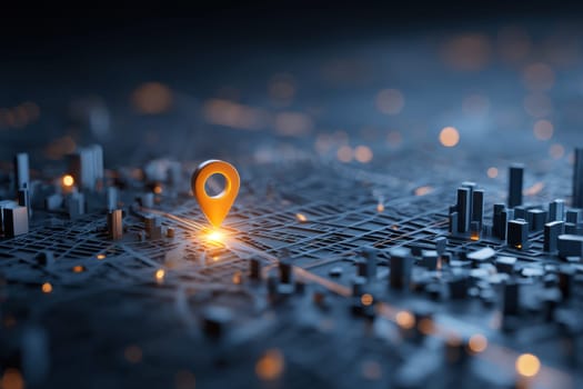 Illustration of digital city map with glowing location pin. Artificial intelligence and GPS navigation technologies, innovations in delivery, transport logistics, business travel. High quality illustration