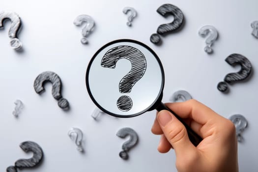 Question Mark and Root Cause Analysis Concept. A hand holding a magnifying glass over a large question mark surrounded by smaller ones on a blue background, symbolizing analysis and problem-solving..
