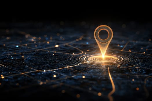 Illustration of digital city map with glowing location pin. Artificial intelligence and GPS navigation technologies, innovations in delivery, transport logistics, business travel.