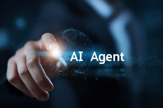 ai agent and ai brain is a artificial intelligence brain Businessman touching head tablet..