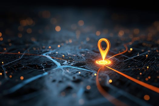 Illustration of digital city map with glowing location pin. Artificial intelligence and GPS navigation technologies, innovations in delivery, transport logistics, business travel.