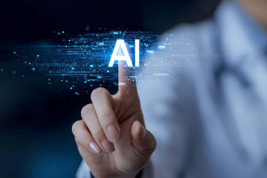Close up of Doctor interacts with AI interface technology for healthcare innovation and medical care efficiency.
