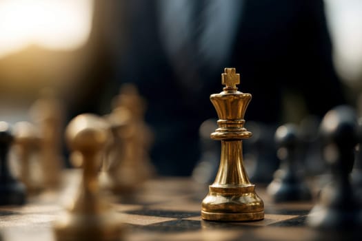 Chessboard with king, strategic win, business success concept, striking illustration..
