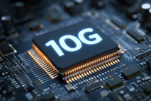 Close-up of 10G microchip on circuit board with blue flowing lines..