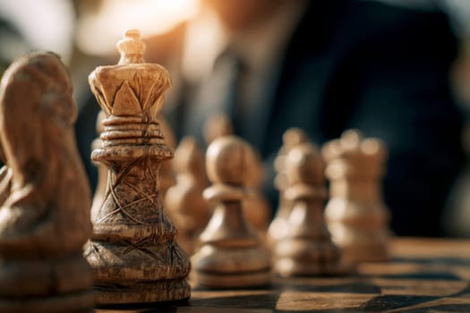 Chessboard with king, strategic win, business success concept, striking illustration..