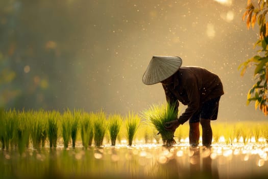 Serene rural scene of a Asian farmer planting rice seedlings in a lush green paddy field under soft natural light..