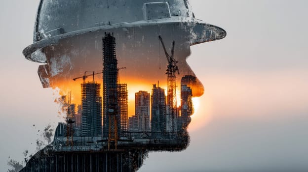 Double exposure silhouette of engineer over city background symbolizing construction, innovation, and urban development..