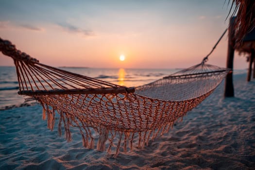Peaceful sunset moments on a tropical beach with a hammock, inviting pure relaxation and serenity..