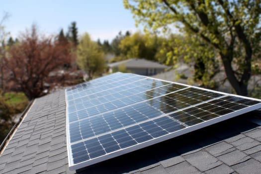 Modern solar panel on suburban house roof reflecting sunlight..