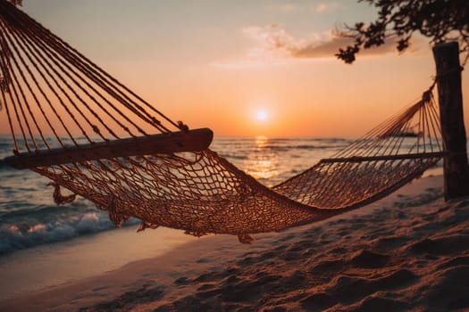Peaceful sunset moments on a tropical beach with a hammock, inviting pure relaxation and serenity..