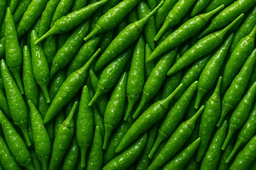 AI generated top view of fresh green chili peppers with water droplets reflecting daylight cleanliness and spiciness in a vibrant and appetizing composition for food or market visuals