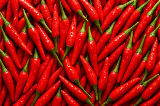 AI generated top view of vibrant red chili peppers with water droplets under daylight reflecting freshness cleanliness and spiciness in a visually appealing marketready composition