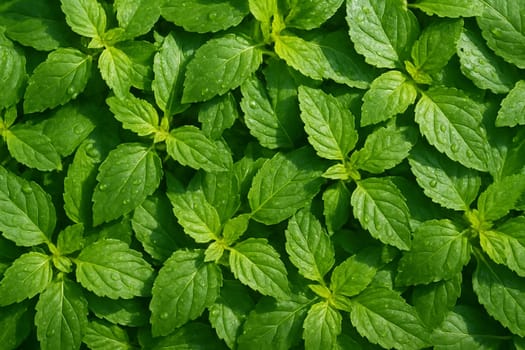 AI generated top view of fresh holy basil leaves with water droplets and daylight highlights showing clean vibrant texture for food health and nature concepts