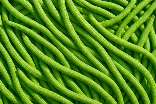AI generated top view of vibrant fresh yardlong beans covered with water droplets under daylight showing clean texture freshness and healthy natural food concept