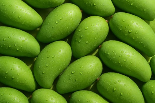 AI generated top view of vibrant green mangoes covered in water droplets under bright daylight showing freshness cleanliness and natural appeal
