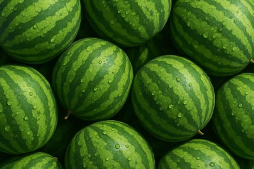 AI generated top view of ripe green watermelons with vivid stripes and water droplets under bright daylight reflecting freshness cleanliness and natural juiciness