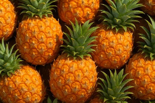 AI generated top view of ripe pineapples with fresh skin and water droplets reflecting daylight for a clean bright vibrant and delicious tropical feeling