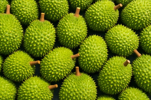 AI generated top view of fresh durians with water droplets under bright daylight showcasing vivid color and clean texture ideal for food market and freshness concept