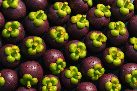 AI generated top view of mangosteens with water droplets under bright daylight showcasing vibrant colors and clean texture ideal for food freshness and tropical fruit concept