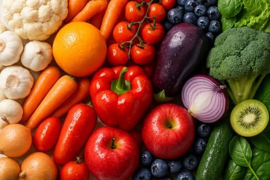 AI generated top view of five color groups of fresh fruits and vegetables with water droplets under daylight bright clean look