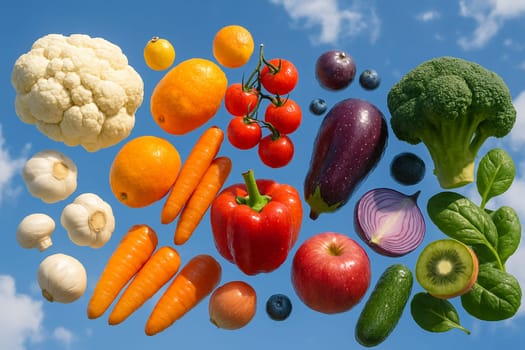 AI generated floating fruits and vegetables grouped by five colors in daylight sky view with water droplets showing freshness vitality and clean healthy lifestyle