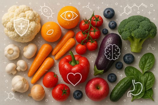 AI generated top view of colorful fruits and vegetables in five color groups with medical and science icons representing body systems and health benefits